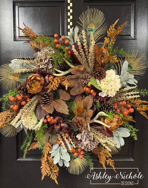 Peacock, Antler, Pine & Berry Wreath