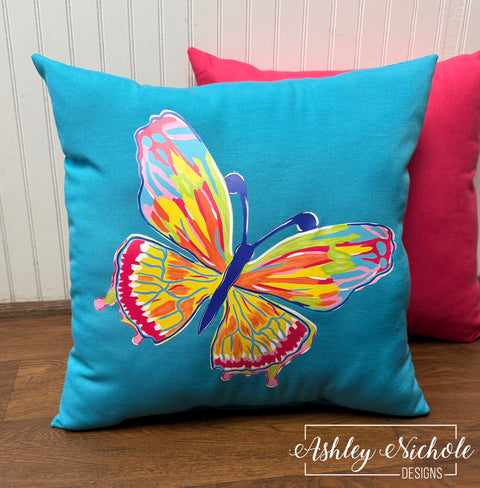 Custom Pillow - Abstract Colorful Butterfly on Turquoise Outdoor Fabric
