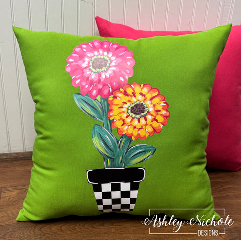 Custom Pillow - Cheerful Zinnia Flower Pot on Apple Green Outdoor Fabric