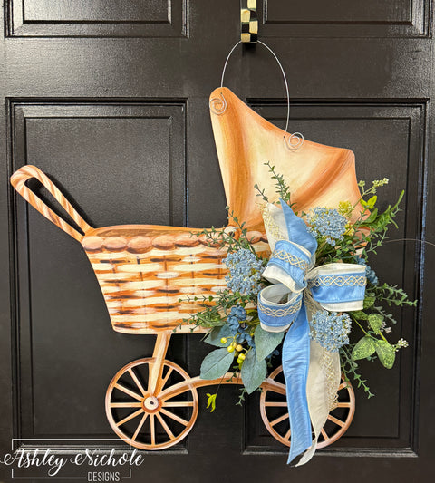 Baby Boy Carriage Floral Door Hanger - UV PRINTED
