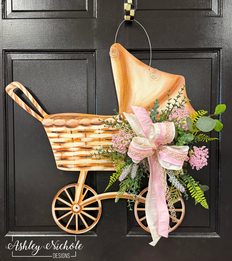 Baby Girl Carriage Floral Door Hanger - UV PRINTED