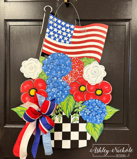 Patriotic Floral Basket with Flag - Door Hanger (UV Printed Only)