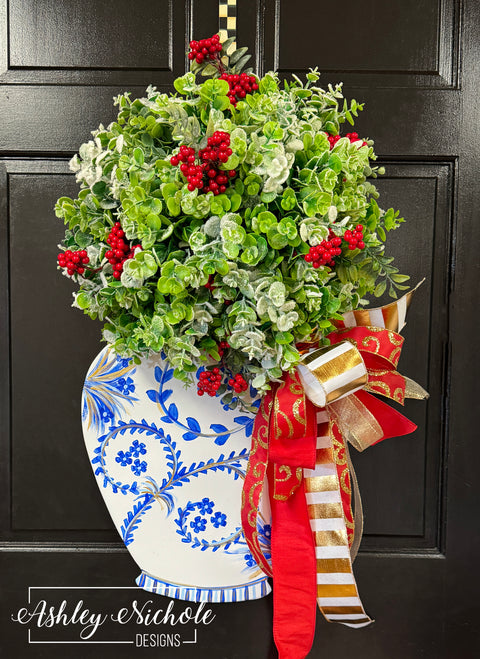 Christmas Ginger Jar with Topiary Door Hanger (Hand-Painted)