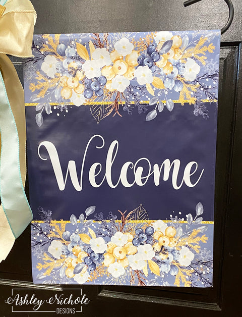 Winter Frosted Berries - Blues & Golds - Vinyl Garden Flag