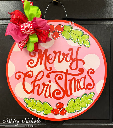 Merry Christmas Holly - Pink & Red Sign Door Hanger (UV Printed)