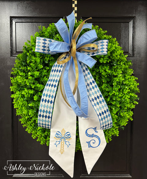 Embroidered Cross & Initial Sash Bow Eucalyptus ROUND Wreath - 28"- UV Protected