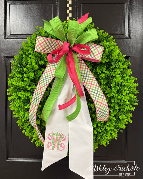 Embroidered Fancy Initial Sash Bow Eucalyptus ROUND Wreath - 28"- UV Protected