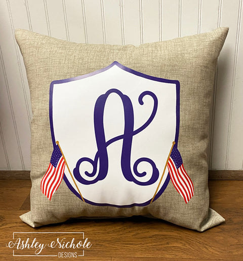 Custom Pillow - Traditional Crest Patriotic - Initial - on Beechwood Tan Outdoor Fabric