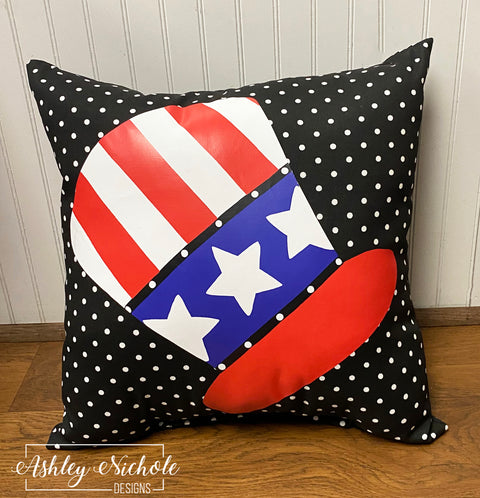 Custom Pillow - Uncle Sam Hat Patriotic on Black & White Mini Dot Outdoor Fabric