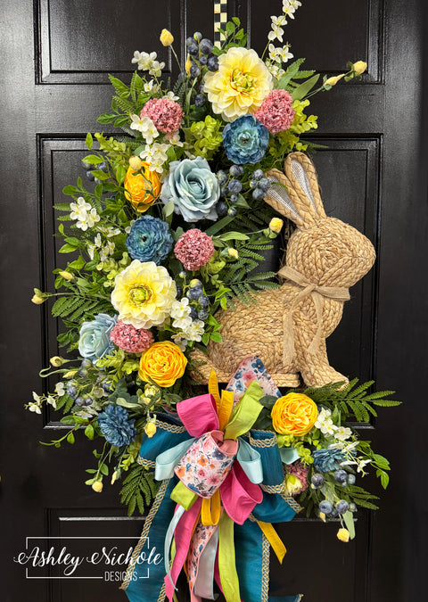 Wicker Rabbit Floral Spring Wreath - EASTER Sale Item ๐