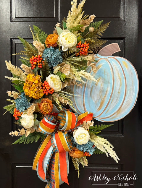 Blue Pumpkin Fall Wreath - Cool Tones