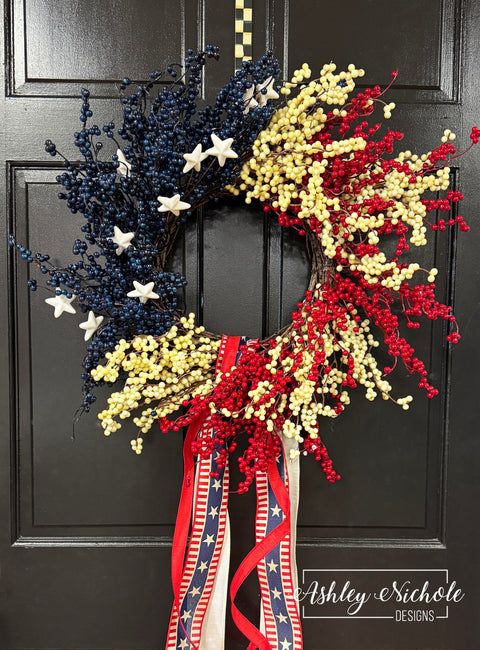 24" American Flag Patriotic Berry Wreath with Ribbon Streamer