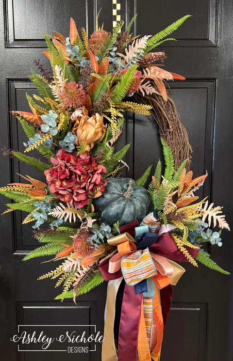 Warm Autumn Teals Pumpkin Wreath