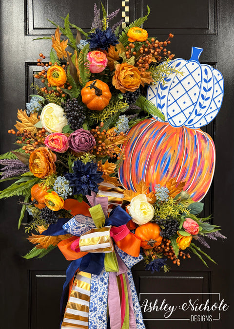 Abstract Chinoiserie Pumpkin Fall Wreath (OVERSIZED)