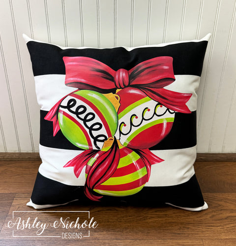 Custom Pillow - Cluster of Christmas Ornaments on Black & White Stripe Outdoor Fabric