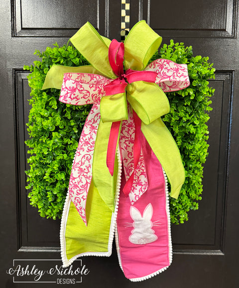 Pink & Green Bunny Sash Bow Eucalyptus SQUARE Wreath - 24"- UV Protected