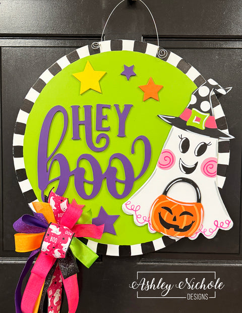 **Bougie Boo Ghost "Hey Boo" Plaque Door Hanger - (3-D & Hand-Painted)