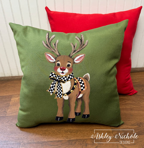 Custom Pillow - Elegant Checkered Reindeer on Olive Outdoor Fabric