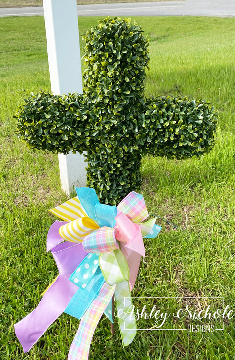 24" ~ 3-D Boxwood Cross STAKE & Bow - UV Resistant