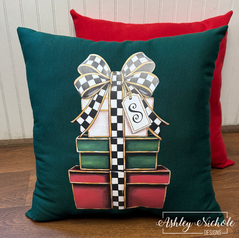 Custom Pillow - Elegant Checkered Christmas Gift Stack on Forest Outdoor Fabric