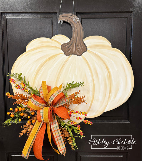 Heirloom CREAM Pumpkin Floral Door Hanger (Hand-Painted)