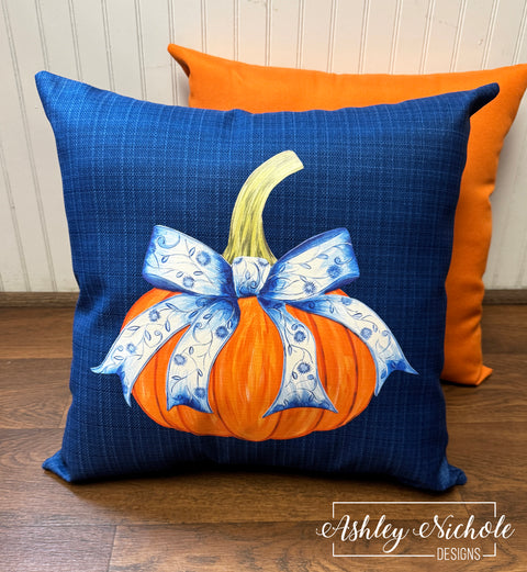 Custom Pillow - Fancy Bow - Chinoiserie - Pumpkin on Courtyard Navy Outdoor Fabric
