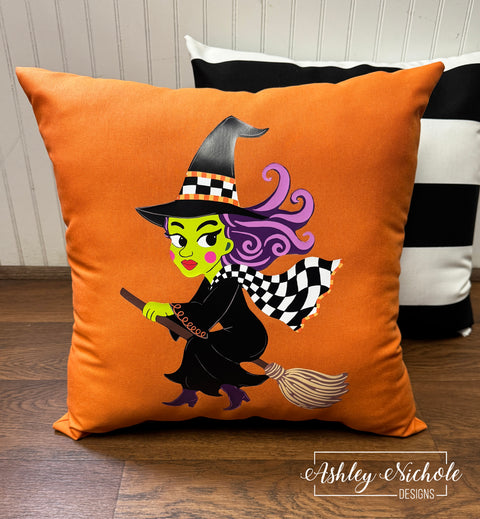 Custom Pillow - Toil & Trouble Sassy Witch on Mandarin Orange Outdoor Fabric