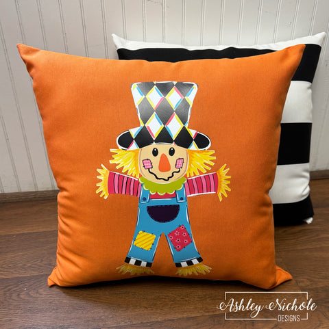 Custom Pillow - Bright Patchwork Scarecrow on Mandarin Orange Outdoor Fabric