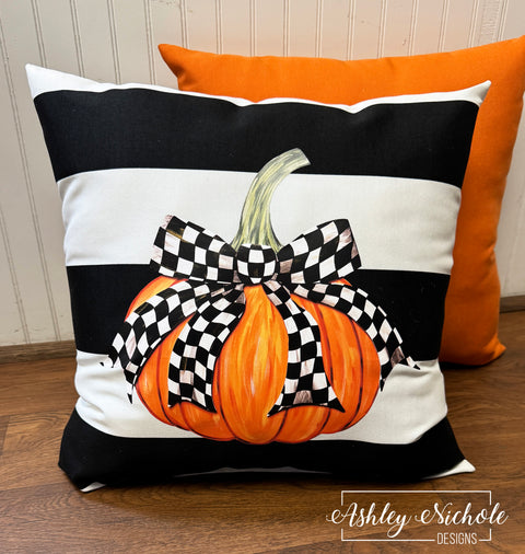 Custom Pillow - Fancy Bow - CHECKERED - Pumpkin on Black & White Stripe Outdoor Fabric