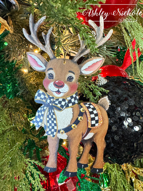 Elegant Checkered Christmas Reindeer - Wooden Christmas Ornament