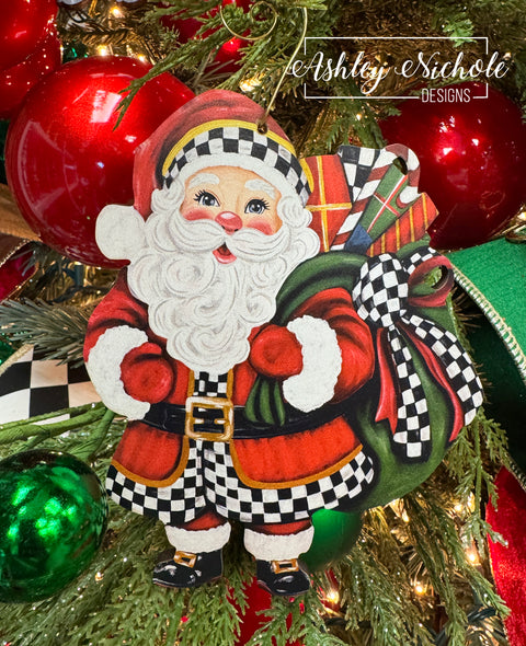Elegant Checkered Christmas Santa - Wooden Christmas Ornament