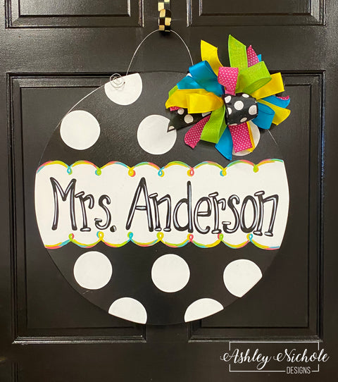 Black & White Polka Dot - Name Sign - Plaque Door Hanger