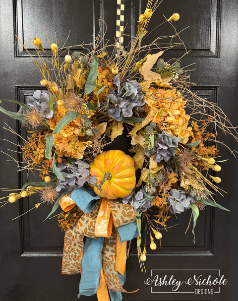 Twigs & Hydrangea Fall Pumpkin Wreath