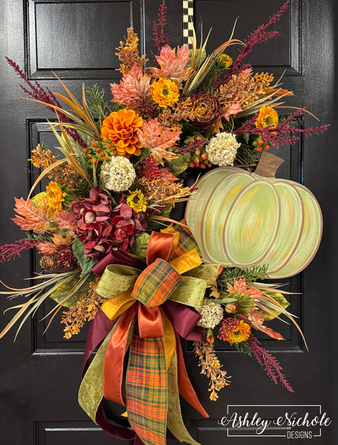 Green Pumpkin Fall Wreath - Cool Tones