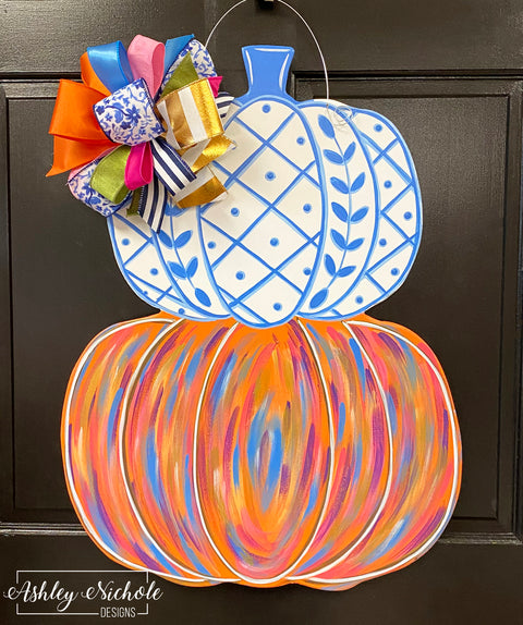 Abstract Chinoiserie Pumpkin Stack Fall Door Hanger