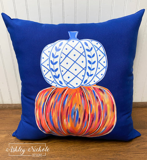 Custom Pillow - Abstract Chinoiserie Pumpkin Stack on Cobalt Blue Outdoor Fabric