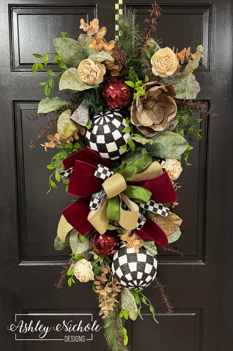 Velvet Magnolia & Checks Christmas Swag
