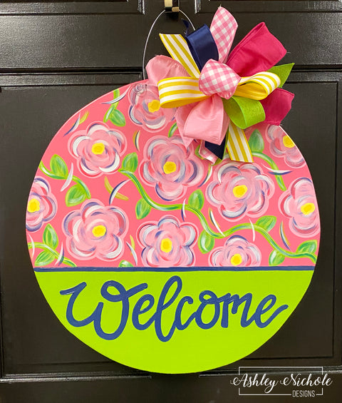 Pink Floral Welcome Plaque Door Hanger (UV PRINTED Only)