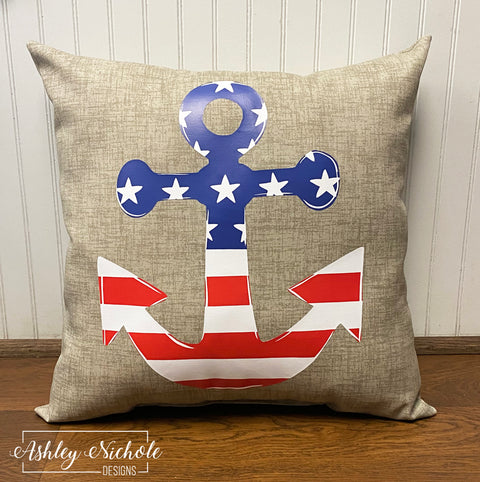 Custom Pillow - Patriotic Anchor on Beechwood Tan Outdoor Fabric