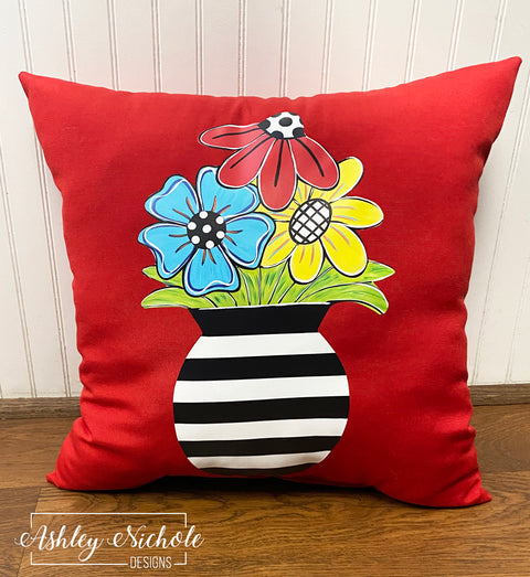Custom Pillow - Striped Vase Flower Pot on Red Outdoor Fabric