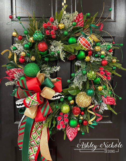 Green, Red & Gold Glitzy Round Christmas Wreath
