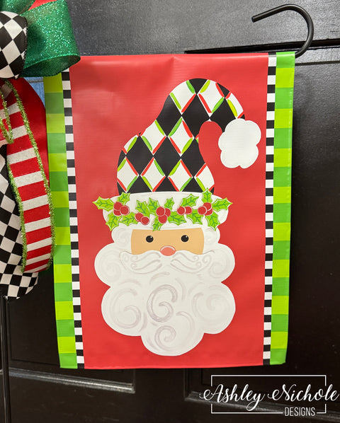 Santa - Holly Jolly Harlequin (BLACK) - Vinyl Garden Flag