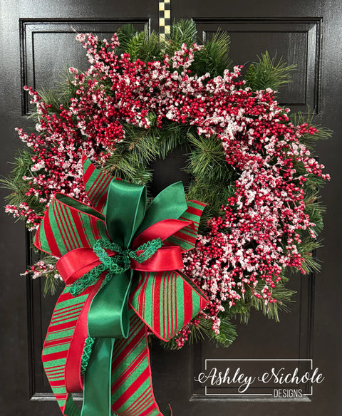 28" Stacked Wreath - Belgium Pine & Snowy Berry with Designer Bow