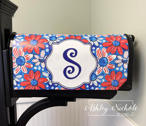 All-American Blooms - Initial - Patriotic - Magnetic Vinyl Mailbox Cover