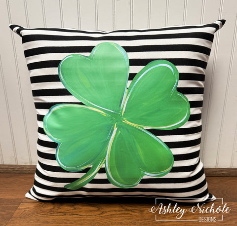 Custom Pillow - Lucky Charm Clover on Thin Black & White Striped Outdoor Fabric