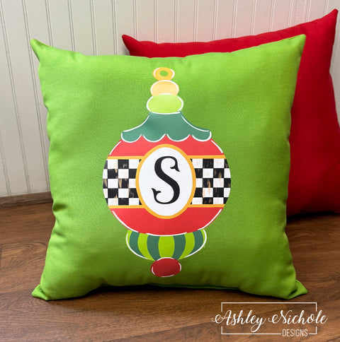Custom Pillow - Elegant Checkered Initial Ornament - on Apple Green Outdoor Fabric