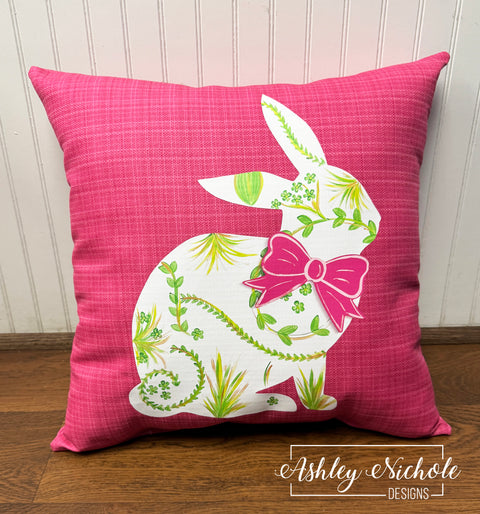 Custom Pillow - Chinoiserie Inspired Sitting Bunny (GREEN) on Jazz Pink Outdoor Fabric