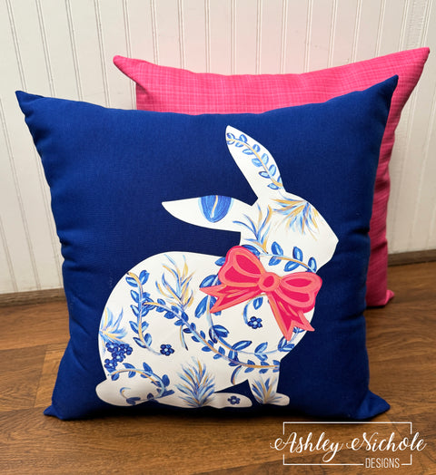 Custom Pillow - Chinoiserie Inspired Sitting Bunny (BLUE) on Cobalt Blue Outdoor Fabric