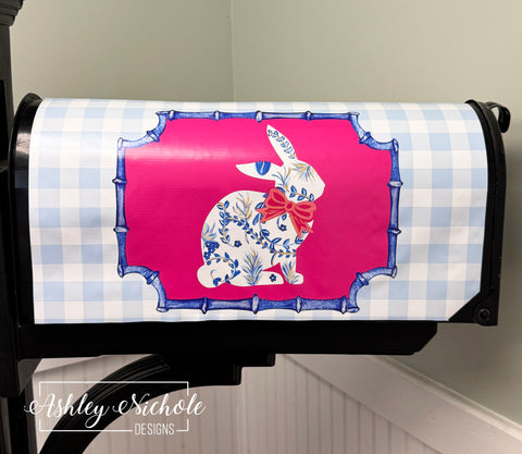 Chinoiserie Inspired Sitting Bunny (BLUE) - Magnetic Vinyl Mailbox Cover
