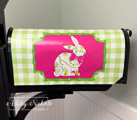 Chinoiserie Inspired Sitting Bunny (GREEN) - Magnetic Vinyl Mailbox Cover